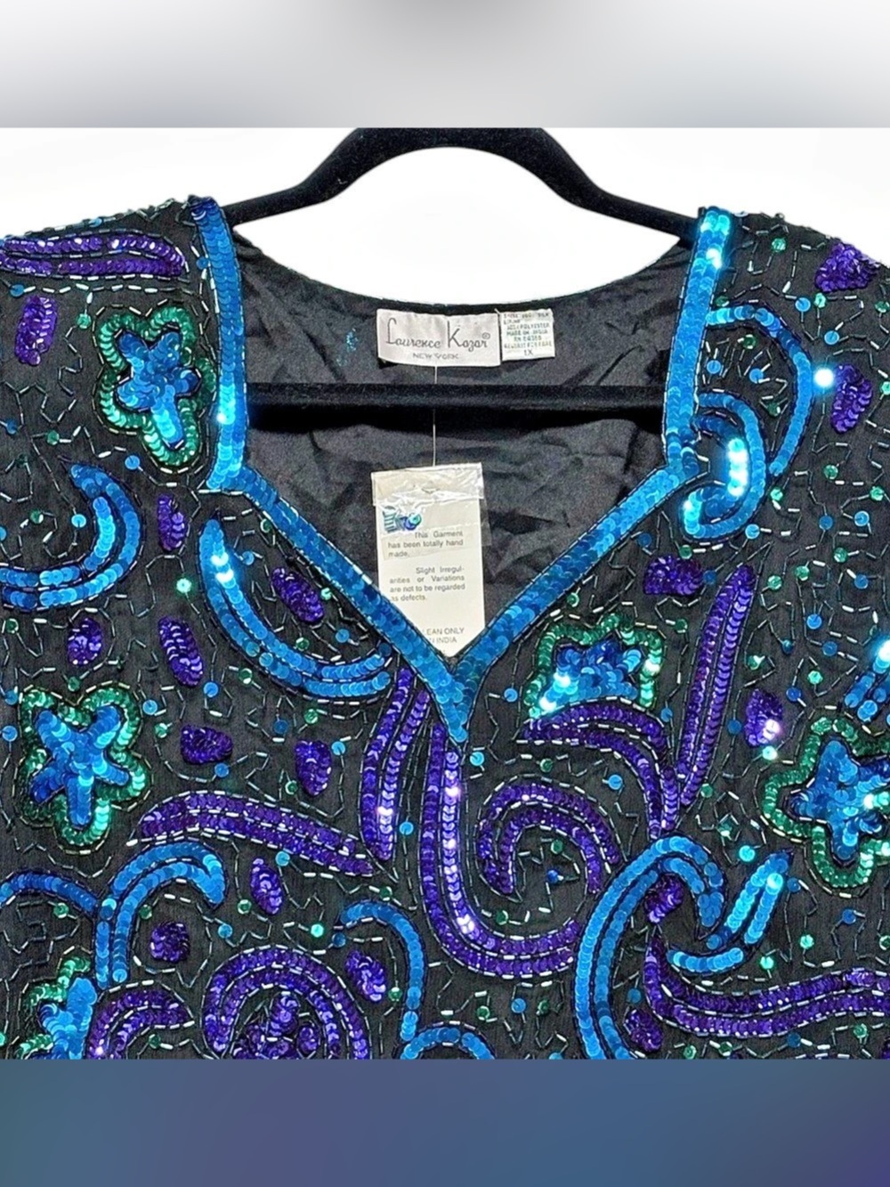VTG Laurence Kazar NY Silk Top Size XL/1X Beaded Sequin Blouse Colorful Handmade